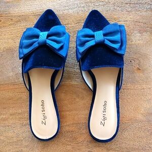 Zigisoho Blue Velvet Mules With Grosgrain Bows